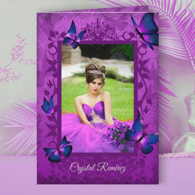 Violett, Lila, Blaue Schmetterlinge der Marine Qui Karte (violet magenta purple pink quinceanera invitation, folded invite blue butterflies fancy border frame)