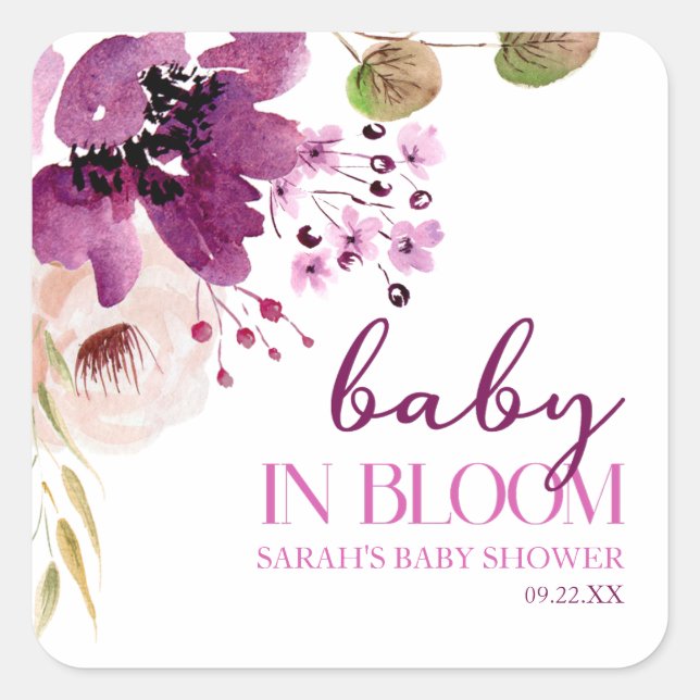 Violett Lila Blütenbaby in Bloom Baby Dusche Quadratischer Aufkleber (Vorderseite)