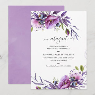 Violett-lila Mohn-Blumen-Geburtstag Einladung