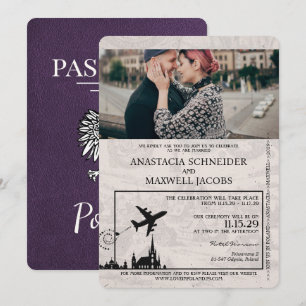 Violett-lila polnische Pass-Hochzeitseinladung Einladung