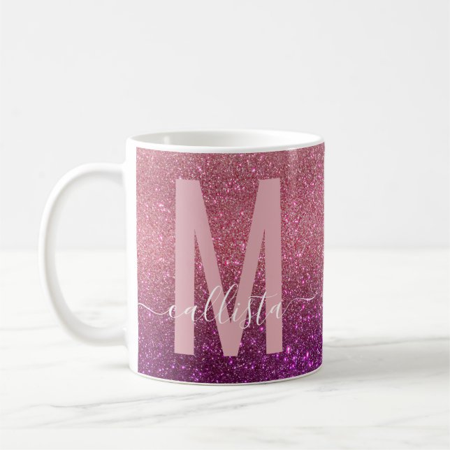 Violett Lila rosa Triple Glitzer Ombre Monogram Kaffeetasse (Links)