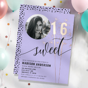Violett-lila Sparkler Sweet 16 Geburtstagsfoto Folieneinladung