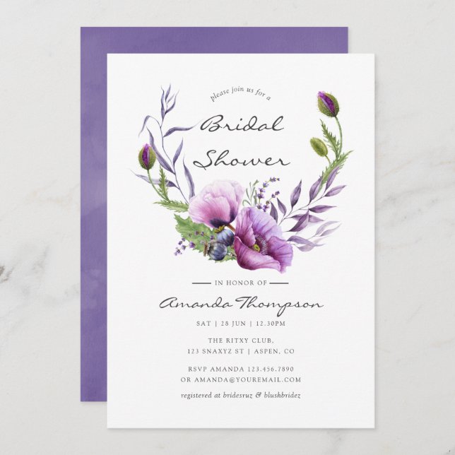 Violett Mohn Brautparty Einladung (Vorne/Hinten)