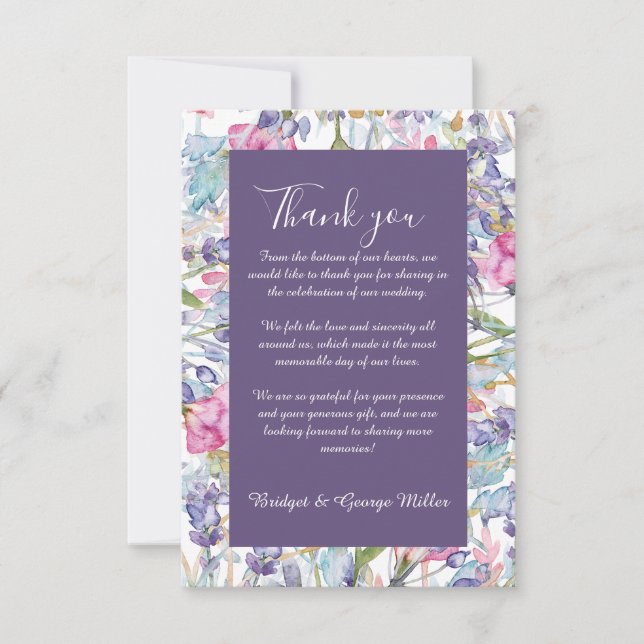 Violett Pastellgrün Wildblume Hochzeit Dankeskarte (Vorderseite)
