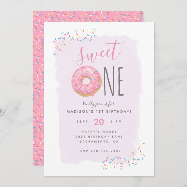 Violett | Pink Doughnut Sprinkle Sweet 1st Birthda Einladung (Vorne/Hinten)