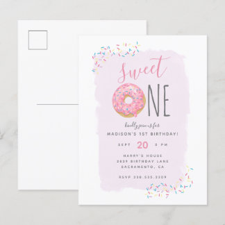 Violett | Pink Doughnut Sprinkle Sweet 1st Birthda Einladungspostkarte