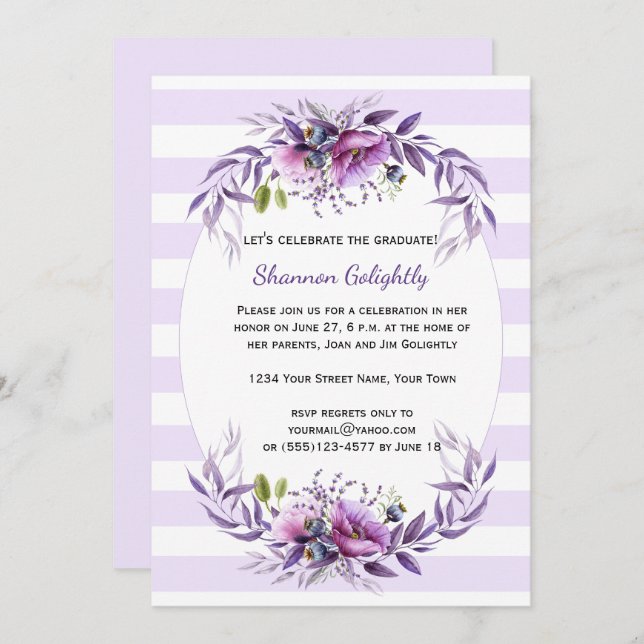 Violett Pink Lila Blumen Streifen Grad Party Einladung (Vorne/Hinten)