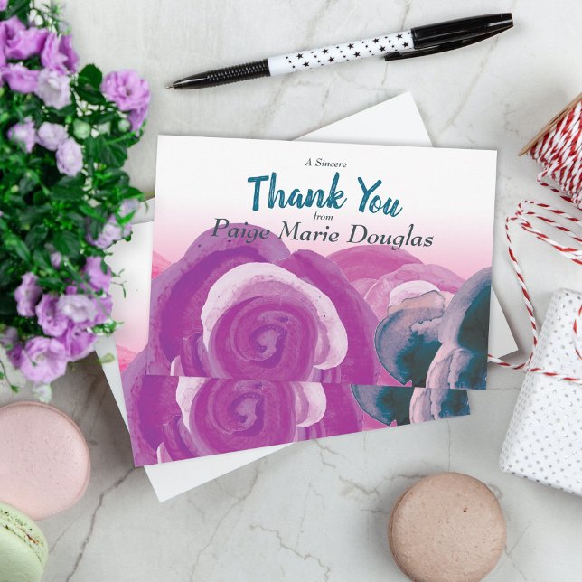 Violett, rosa, Aquamarine Rose Danke, Karten (graduation party graduate thank you card thanks stationary floral purple roses flowers botanical)