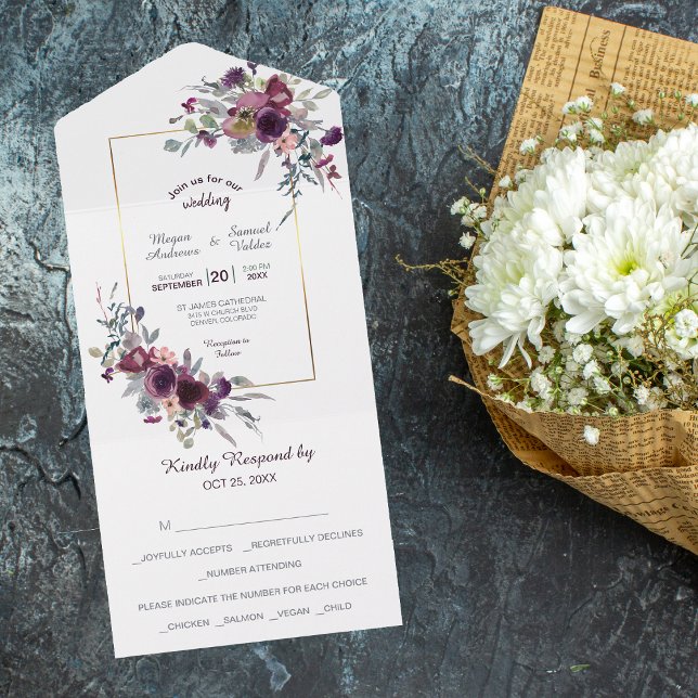 Violett Rosa blaue Flora Gold Rahmen Hochzeit All In One Einladung (Von Creator hochgeladen)