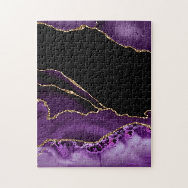 Violett Schwarzer Marmor Agate Dunkler Glamour Gol Puzzle (Vertikal)