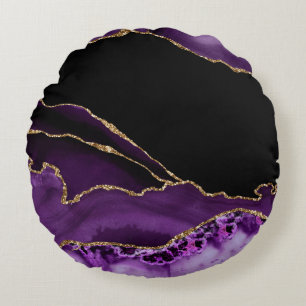 Violett-schwarzer Marmorachat Dunkler Glamour Gold Rundes Kissen