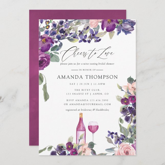 Violett und Pflaumenblättriges Brautparty Weinverk Einladung (Vorne/Hinten)