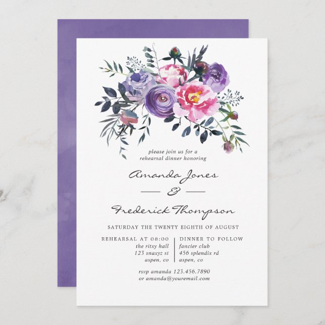 Violett und rosa Probe Einladung (Vorne/Hinten)