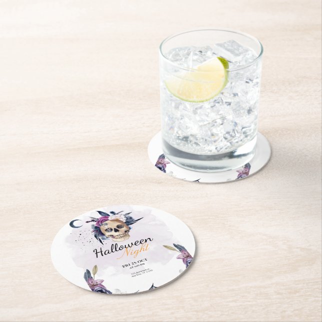 Violett Wasserfarbe Halloween-Party Gothic Skull Runder Pappuntersetzer (Vor Ort)