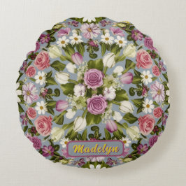Violett Weiße und rosa Blume Rundes Kissen
