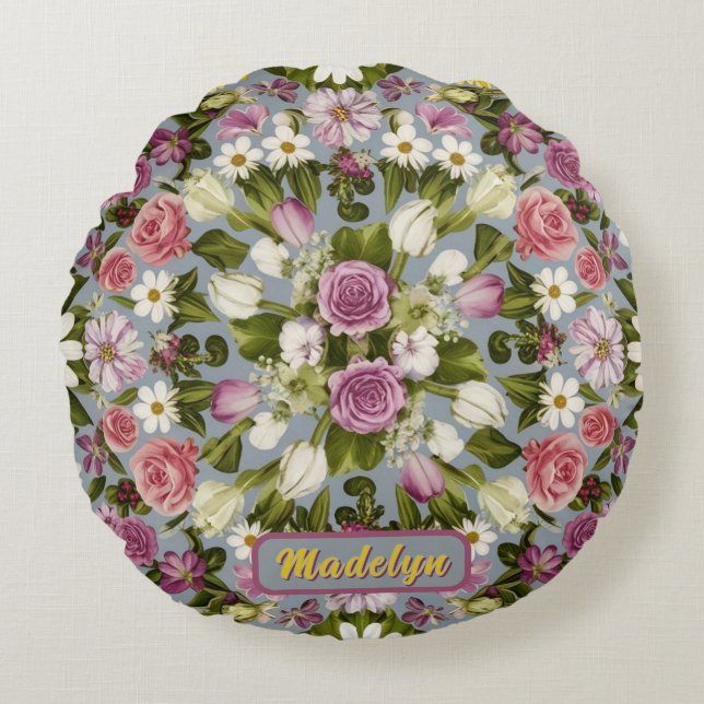 Violett Weiße und rosa Blume Rundes Kissen (Vorderseite)