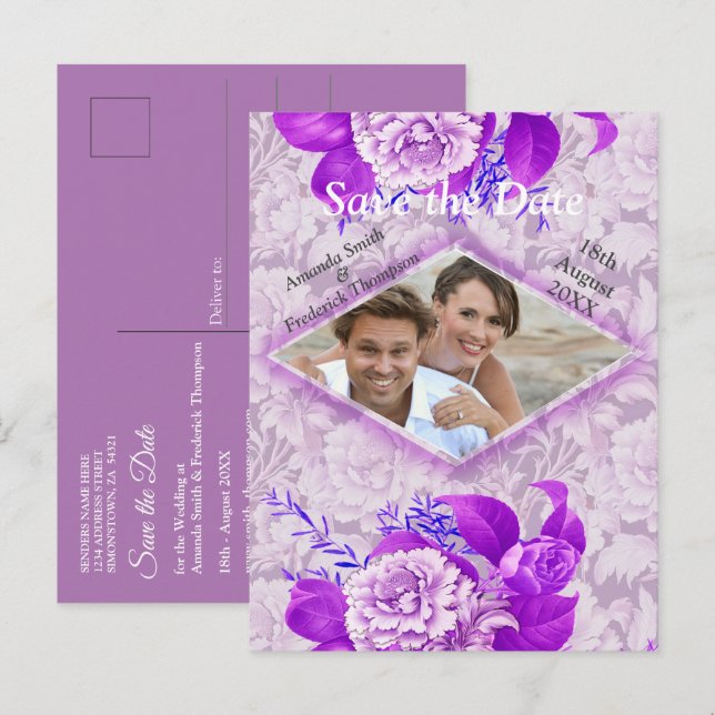 Violett-/Weißrosen-Blume auf grünem Musterpapier Ankündigungspostkarte (Vorne/Hinten)