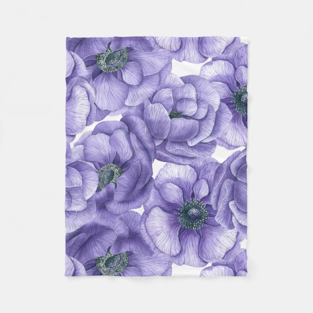 Violette Anemone Blume Aquarellmuster Fleecedecke (Vorderseite)