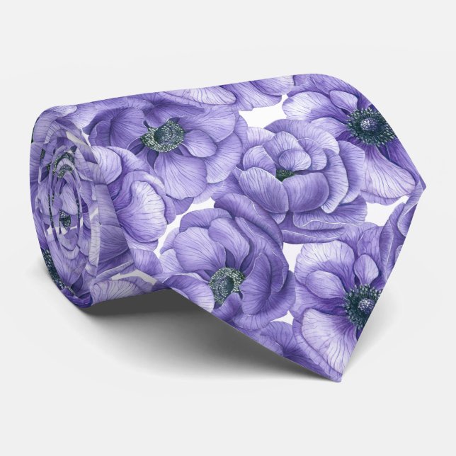 Violette Anemone Blume Aquarellmuster Krawatte (Gerollt)