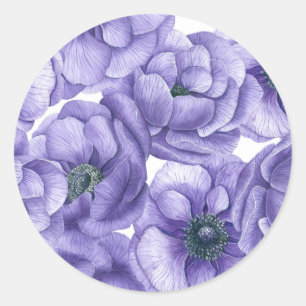 Violette Anemonenblumen Wasserfarben Muster Runder Aufkleber