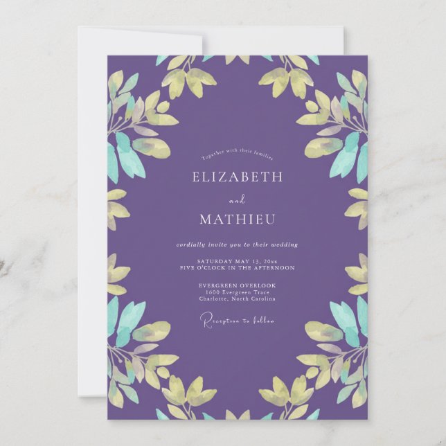 Violette Aqua-Blatt-Hochzeit Einladung (Vorderseite)