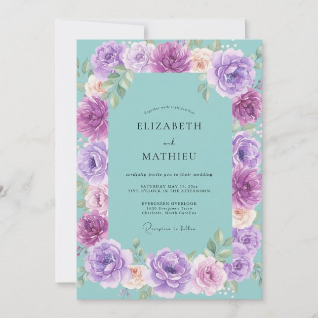 Violette Aqua-Blütenhochzeit Einladung (Vorderseite)