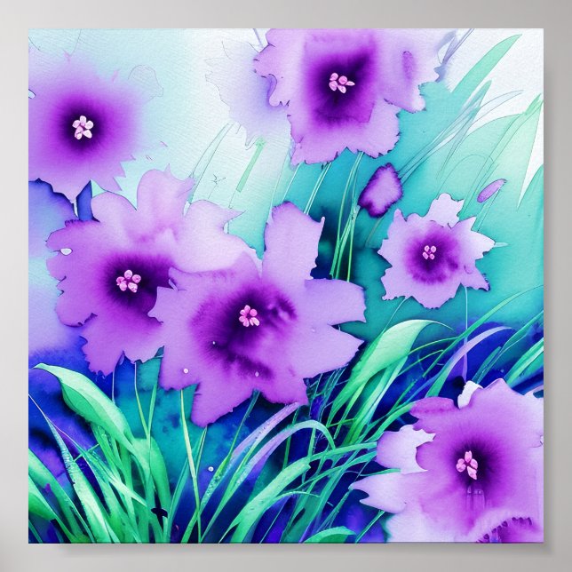 Violette Aquarellblumen Poster (Vorne)