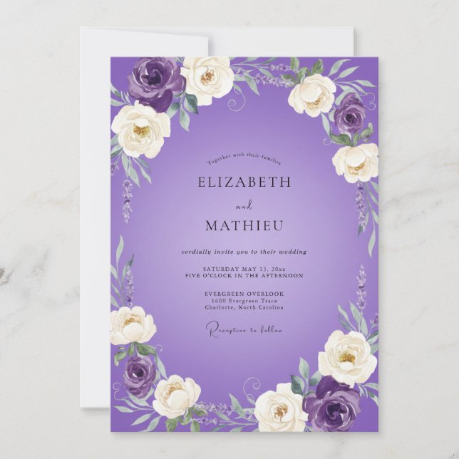 Violette Bemalte Blütenhochzeit Einladung (Vorderseite)