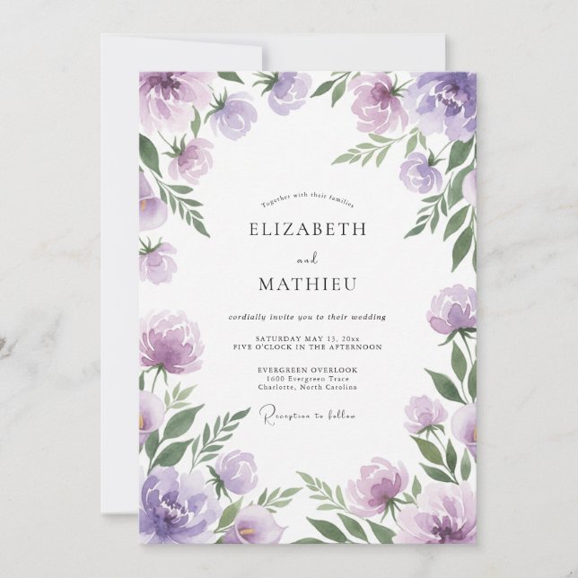Violette bemalte Ranunculus-Hochzeit Einladung (Vorderseite)