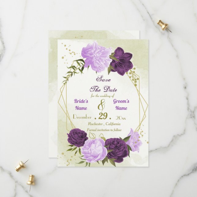 violette blühende grüne Blätter Save The Date (Vorderseite/Rückseite Beispiel)