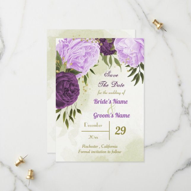 violette blühende grüne Blätter Save The Date (Vorderseite/Rückseite Beispiel)