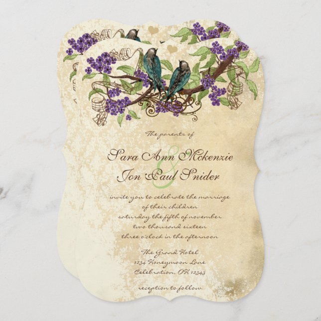 Violette Blumen Aquamarine Vintage Vögel Einladung