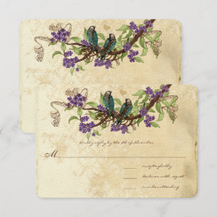 Violette Blumen Aquamarine Vintage Vögel Hochzeits Einladung
