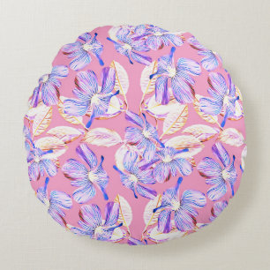 Violette Blumen: Aquarellfarbene Blumendekoration. Rundes Kissen