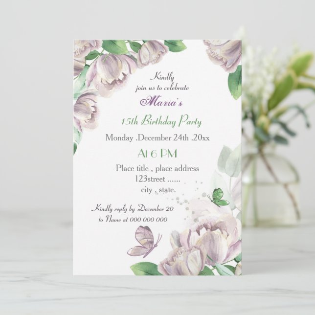violette Blumen & Blätter Schmetterlinge Geburtsta Einladung (Stehend Vorderseite)