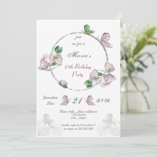 violette Blumen & Blätter Schmetterlinge Geburtsta Einladung (Stehend Vorderseite)