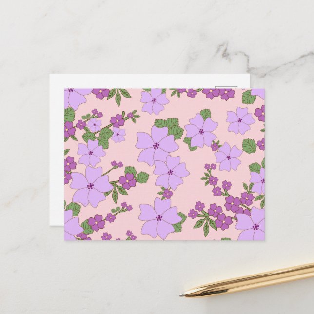 Violette Blumen, Blumenmuster, Muster von Blume Postkarte (Vorderseite/Rückseite Beispiel)