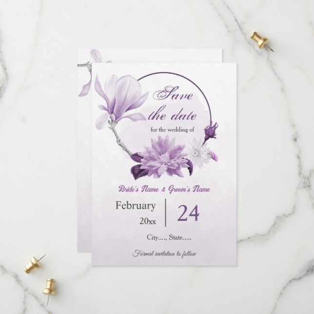 violette Blumen botanische Hochzeit Save The Date (Vorderseite/Rückseite Beispiel)