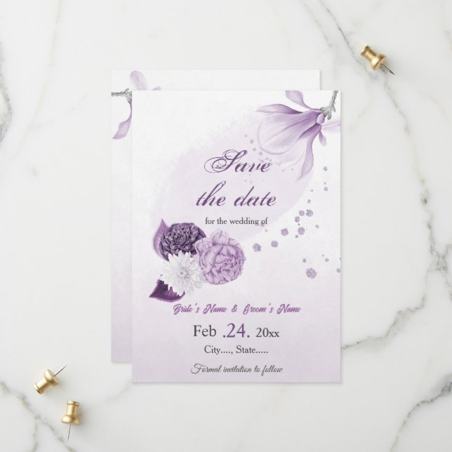 violette Blumen botanische Hochzeit Save The Date (Vorderseite/Rückseite Beispiel)