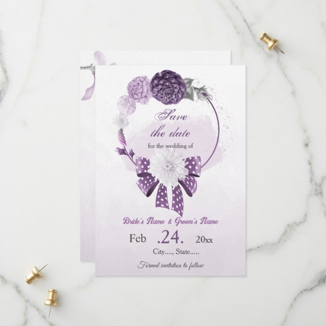 violette Blumen botanische Hochzeit Save The Date (Vorderseite/Rückseite Beispiel)