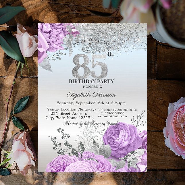 Violette Blumen Glitter Silber 85. Geburtstag   Einladung (Von Creator hochgeladen)
