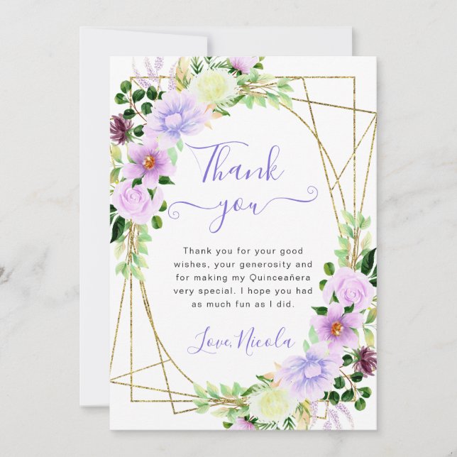 Violette Blumen Gold Rahmen Quinceanera Dankeskarte (Vorderseite)