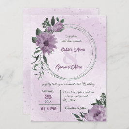 violette Blumen grüne Blätter botanische Hochzeit Einladung