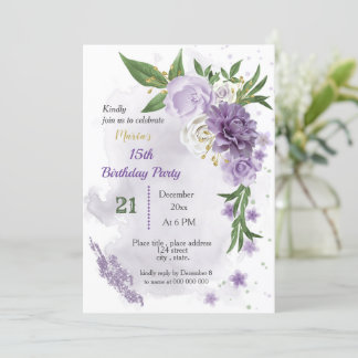 violette Blumen & grüne Blätter Geburtstag Einladung