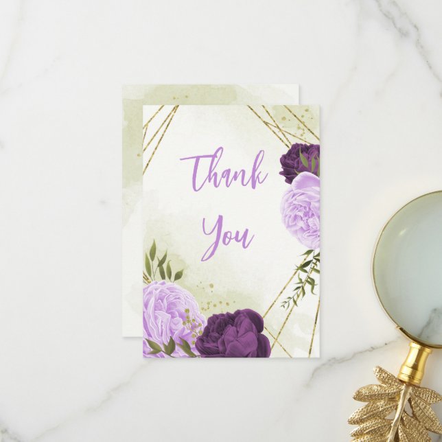 violette Blumen grüne Blätter Hochzeit Dankeskarte (Vorderseite/Rückseite Beispiel)