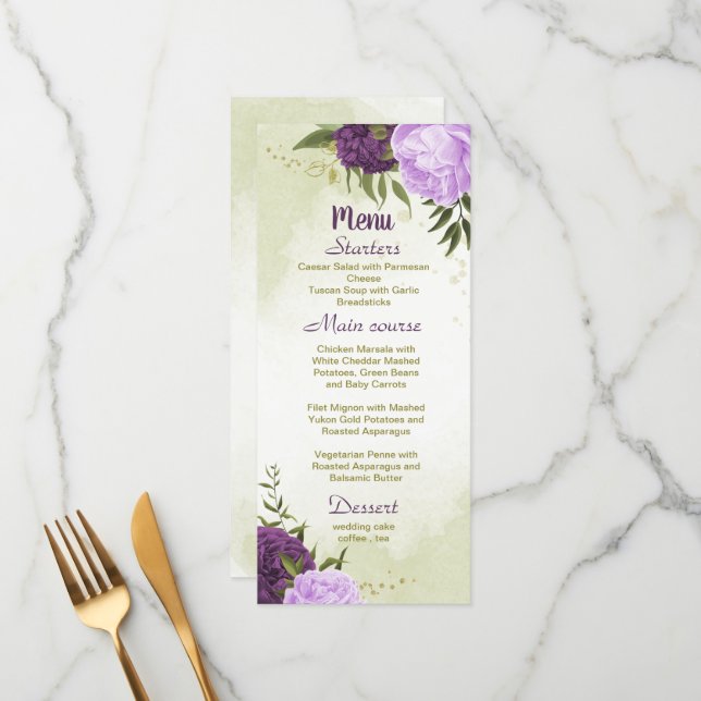 violette Blumen grüne Blätter Hochzeit Menükarte (Vorderseite/Rückseite Beispiel)