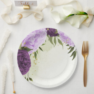 violette Blumen grüne Blätter Hochzeit Pappteller