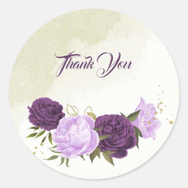 violette Blumen grüne Blätter Hochzeit Runder Aufkleber (Vorderseite)