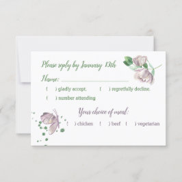 violette Blumen, grüne Blätter Schmetterling-Rsvp- RSVP Karte