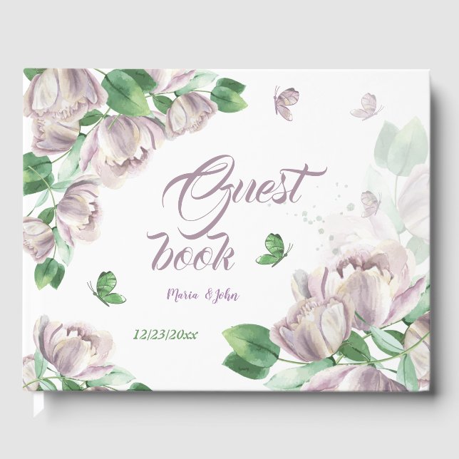 violette Blumen, grüne Blätter Schmetterlinge Gästebuch (Vorderseite)